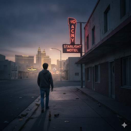 Cinematic landscape shot of a gritty Las Vegas side street at dawn, showing a young executive walking past a weathered motel.