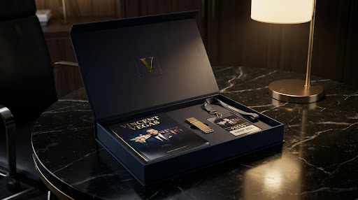 Premium physical media kit box containing a dark booklet, gold USB drive, and VIP press pass.